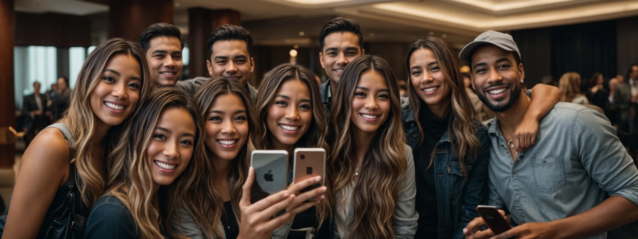 a group of joyful travelers sharing a selfie in the luxurious hotel lobby with their mobile device.