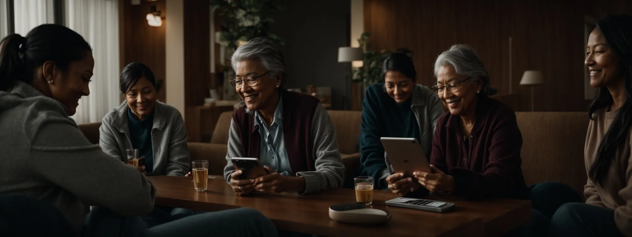 a group of smiling seniors comfortably using tablets and smartphones in a cozy common area.