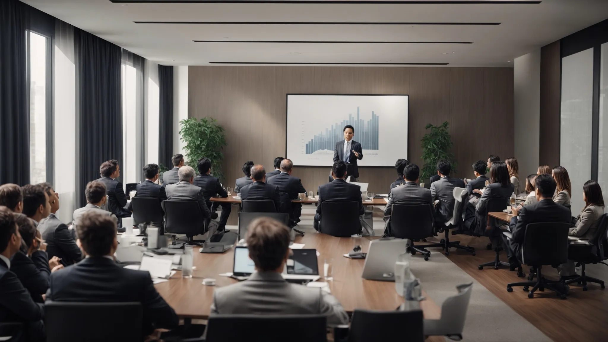 a professional consultant presents to a group of attentive business executives in a modern conference room.