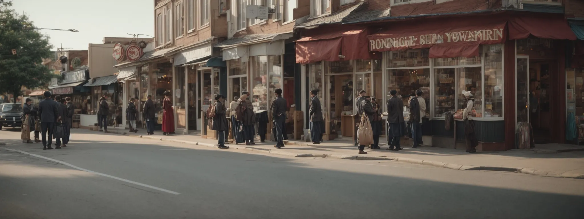 a bustling small-town street corner with various shops and pedestrians, capturing the essence of community and local business presence.