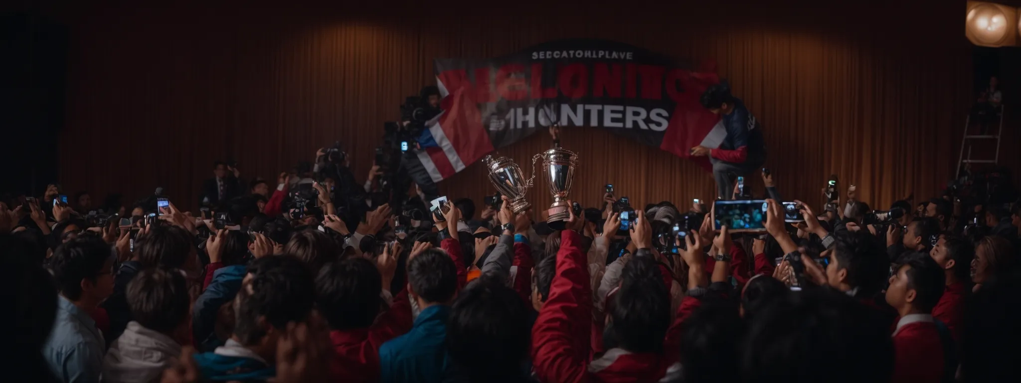 beaming individuals holding a sizable trophy on a stage with a large screen displaying the words 