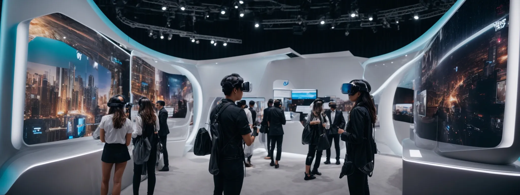 a marketer demonstrates a virtual reality headset at a futuristic exhibition booth, engaging a crowd with an immersive brand experience.