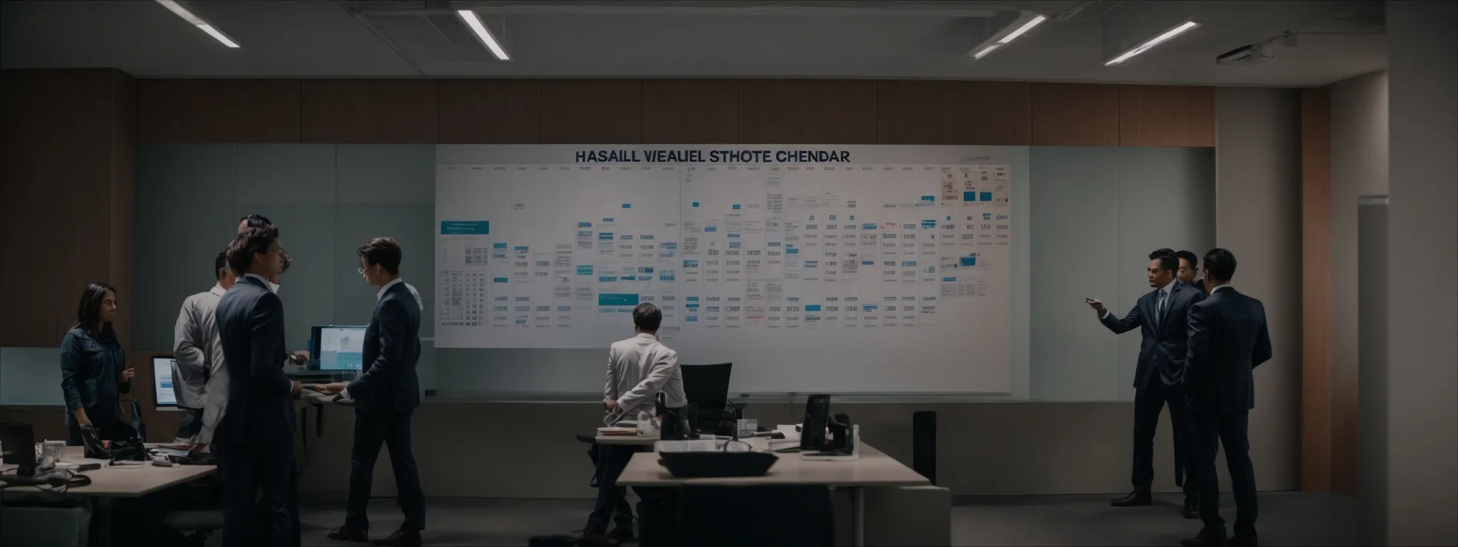 a team gathered around a large digital calendar displayed on a screen in a modern office setting.