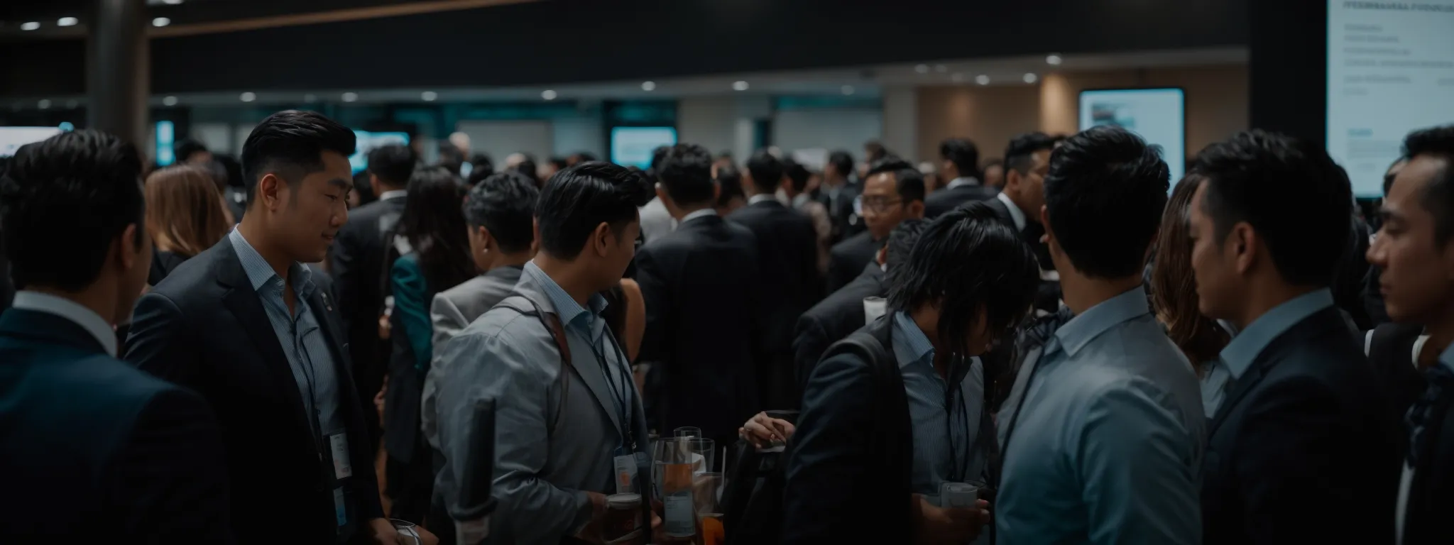 a group of professionals mingling at a bustling seo conference.