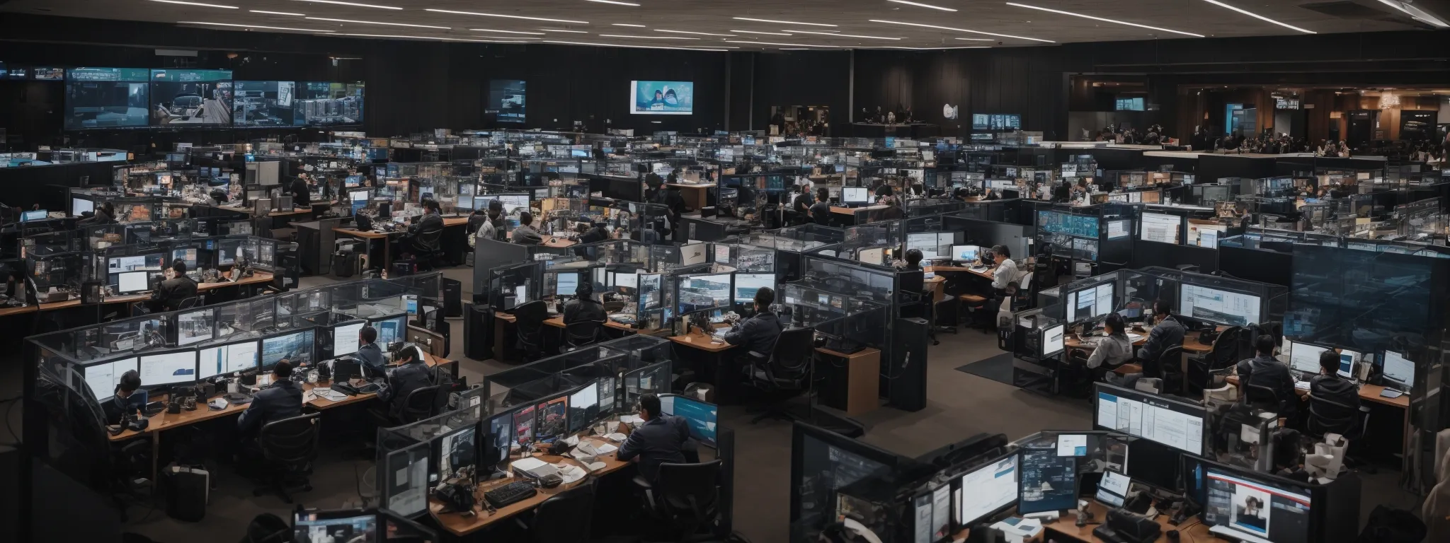 Large office with rows of cubicles, each occupied by people working at computer monitors, under bright ceiling lights in a modern control room setting.