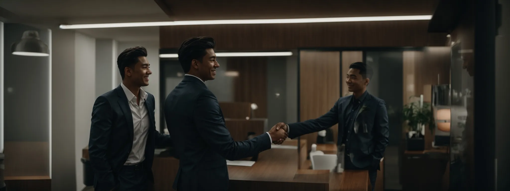 an influencer and a brand representative shaking hands in a well-lit, modern office.