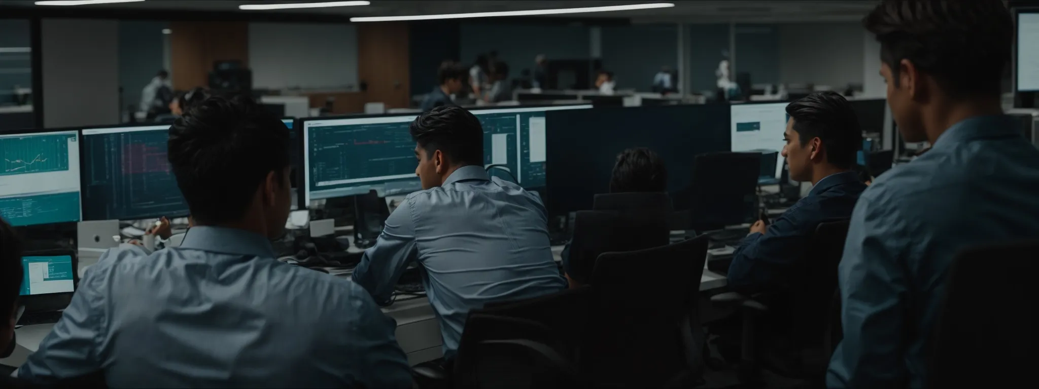 a group of professionals collaboratively working on computers in a modern office, displaying analytics and code on their screens.