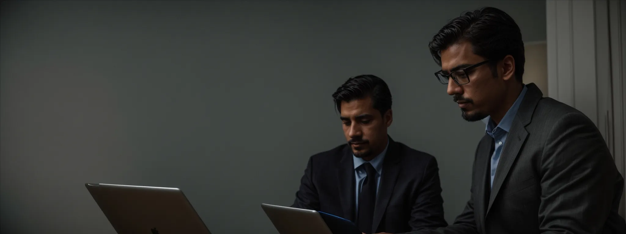 two professionals, one with a laptop, the other with a notepad, engaged in a focused discussion.