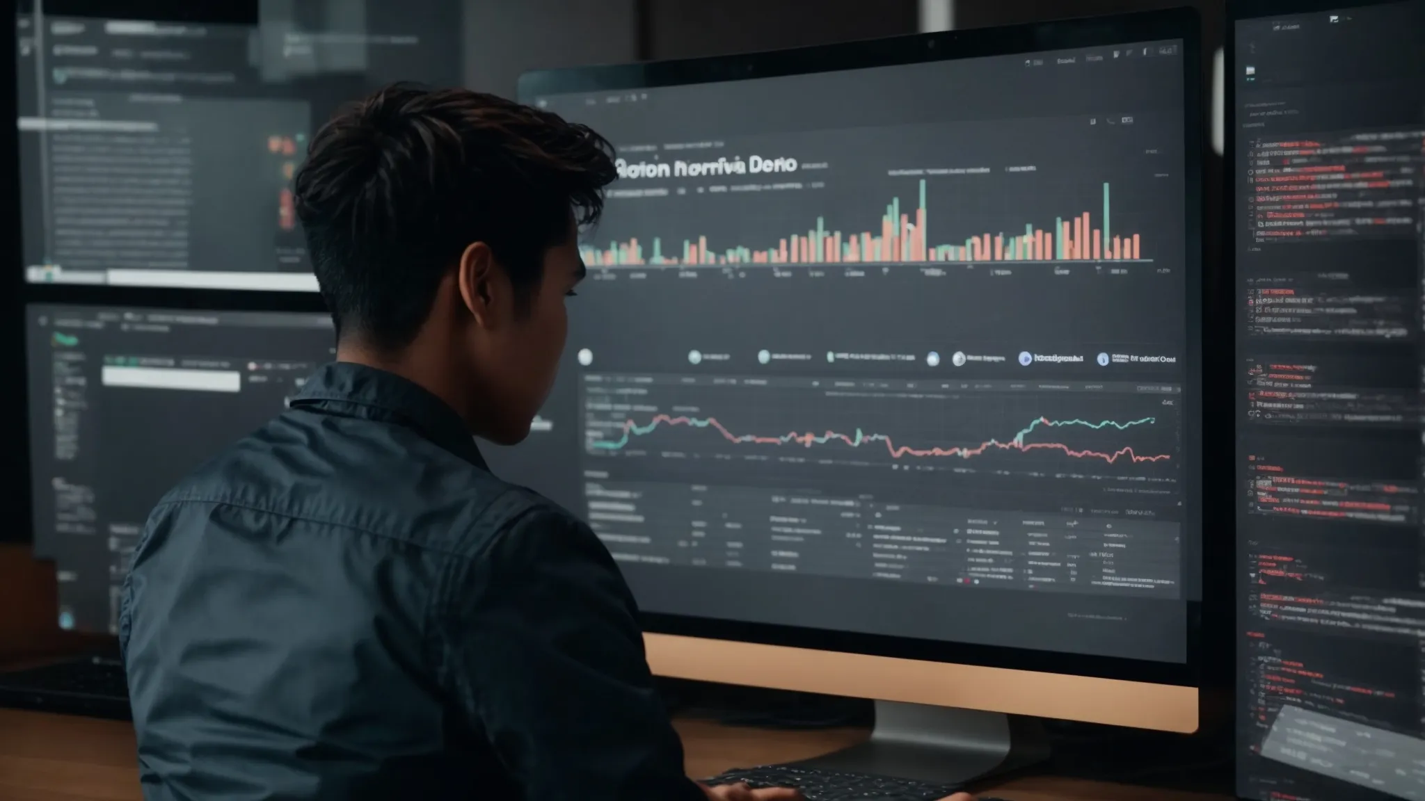 a person browsing twitter on a laptop with seo analytics charts visible on the screen.