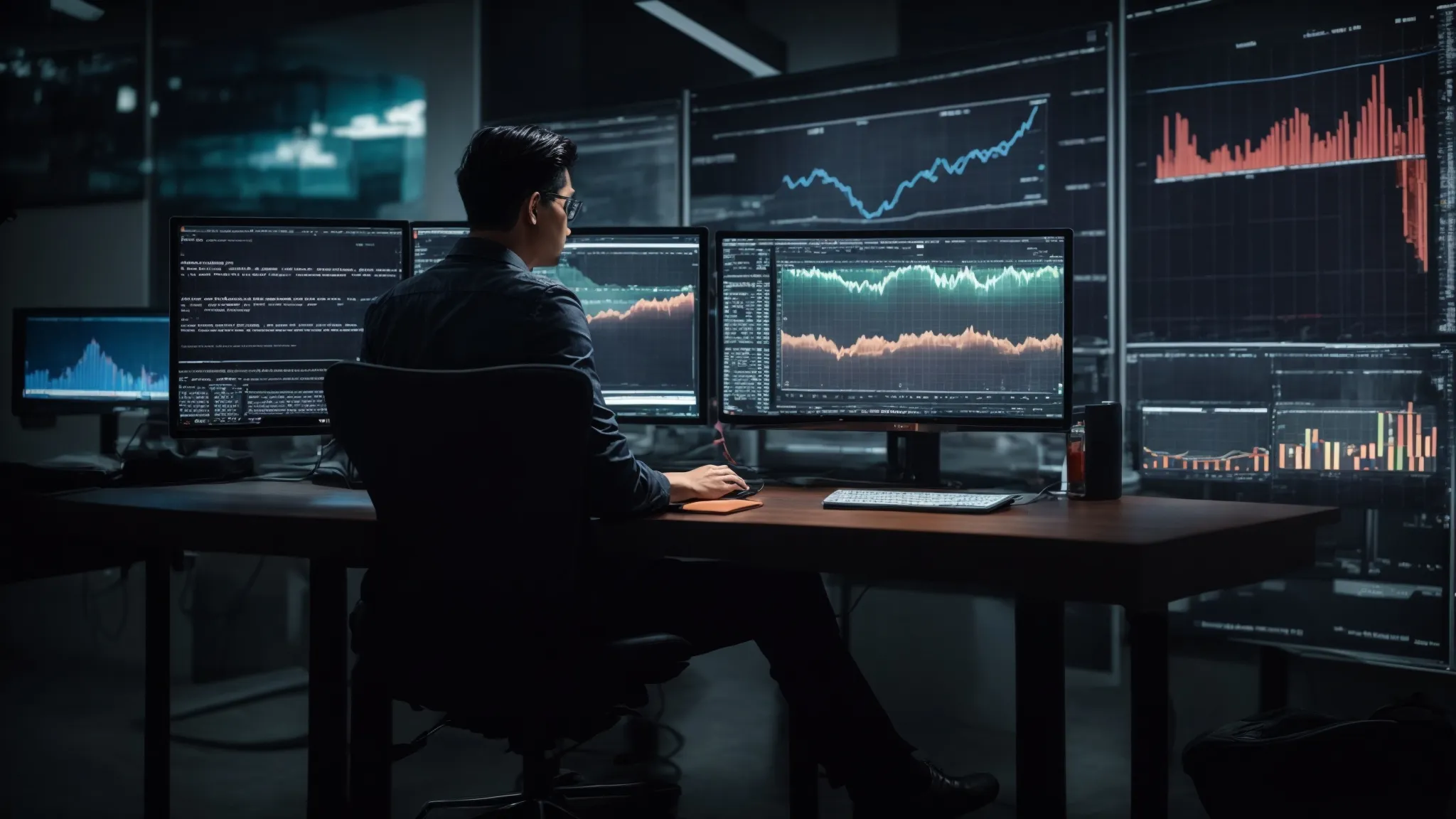 a person sitting at a computer with multiple graphs and analytics on the screen, illustrating seo performance.