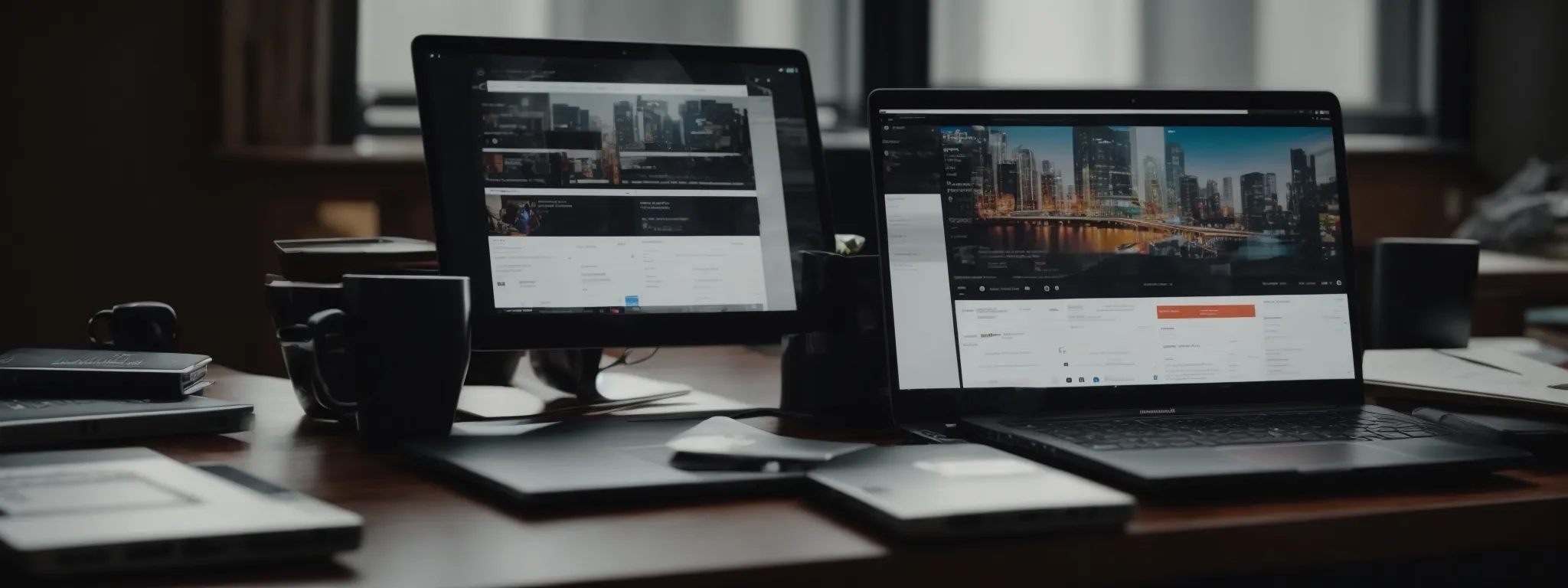 two laptops facing each other on a table, one displaying an analytics dashboard and the other showcasing a social media platform.