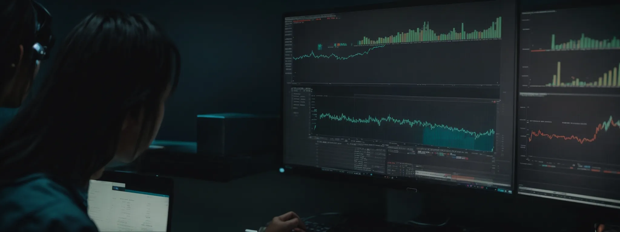 a marketer analyzes charts on a computer screen, reflecting on email campaign performance metrics.
