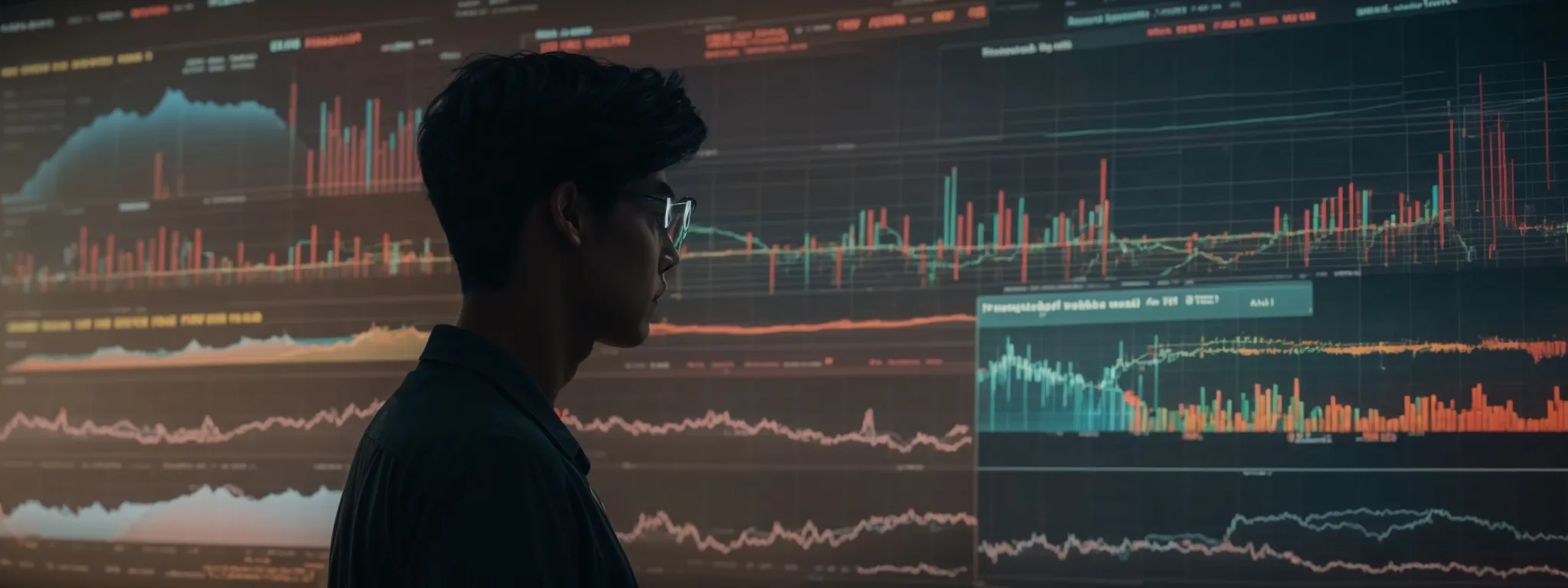A person stands in front of large digital screens displaying various financial charts and data graphs.
