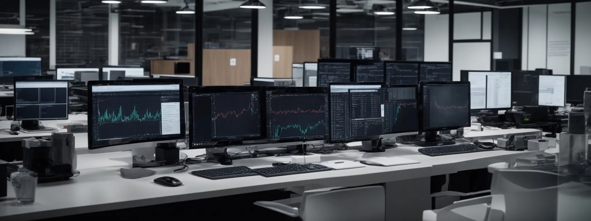 a modern office with computers displaying research data and analytics for seo optimization.