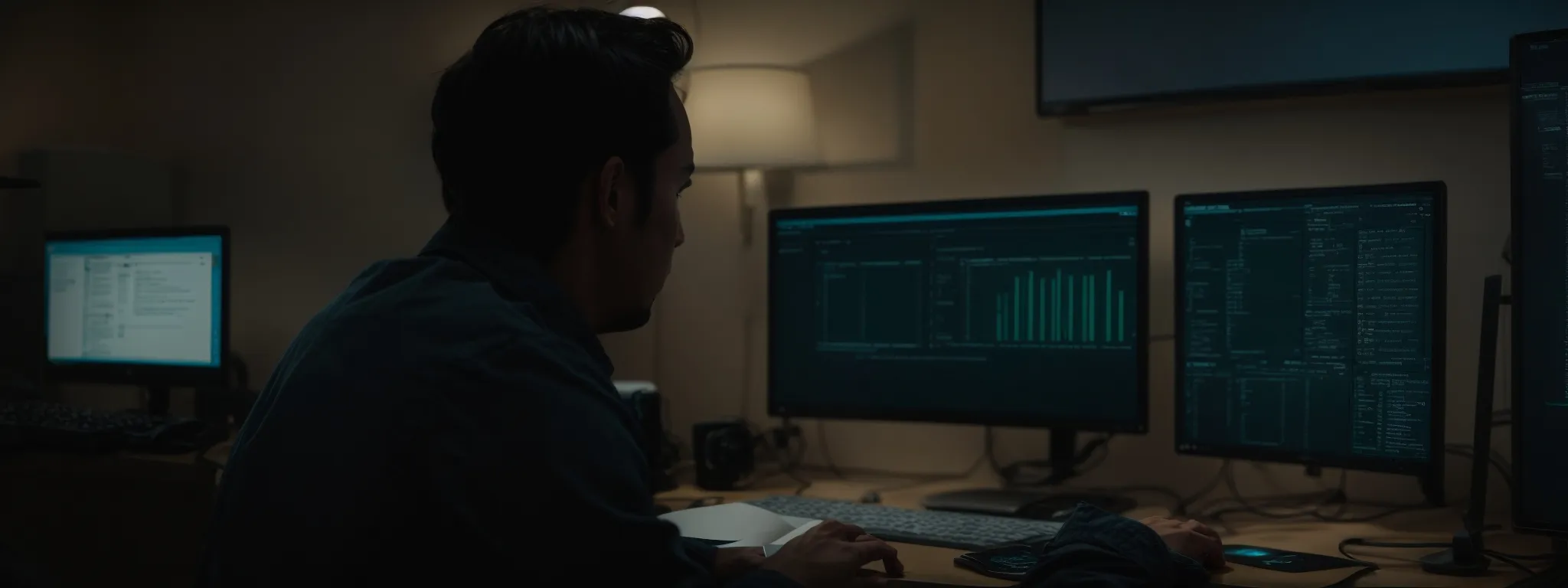 a website developer monitors a computer screen displaying a loading speed test for a website optimization.