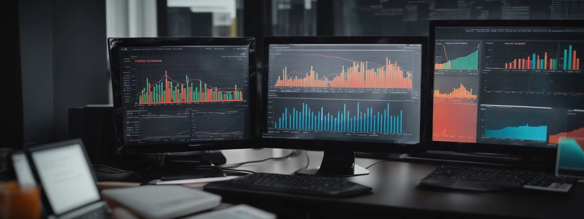 a computer screen displaying colorful graphs and charts related to website analytics against a backdrop of a modern office.