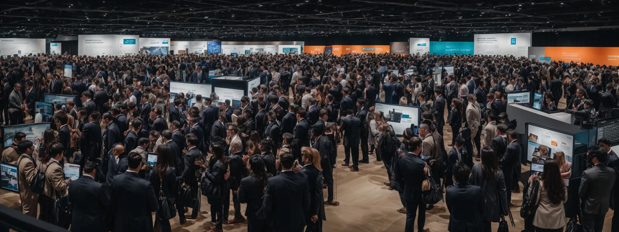 a bustling digital marketing conference with attendees engaged around an exhibit showcasing various analytics platforms on large monitors.