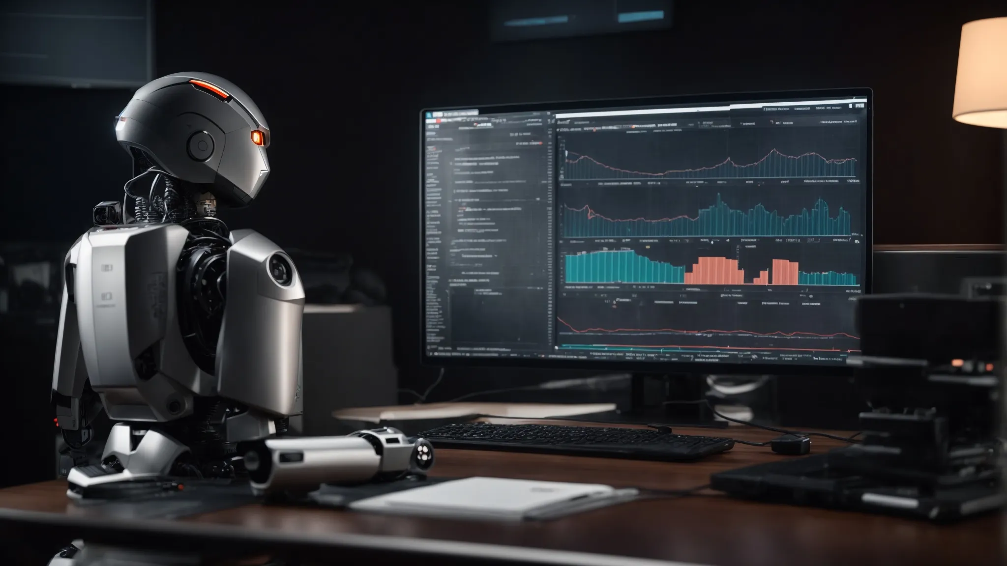 a computer screen displays graphs and keyword analytics with an ai robot beside it, symbolizing data-driven seo content generation.