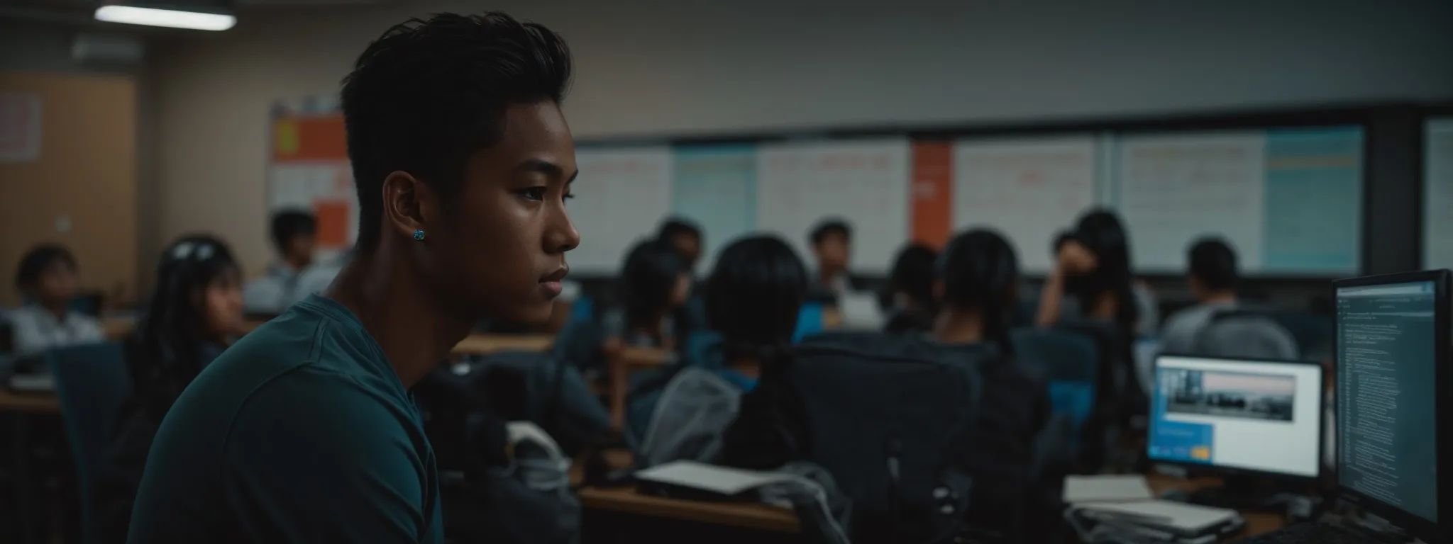 a student sits before a computer, engrossed in an online seo course, with the backdrop of a bustling classroom projecting the dynamism of digital education.