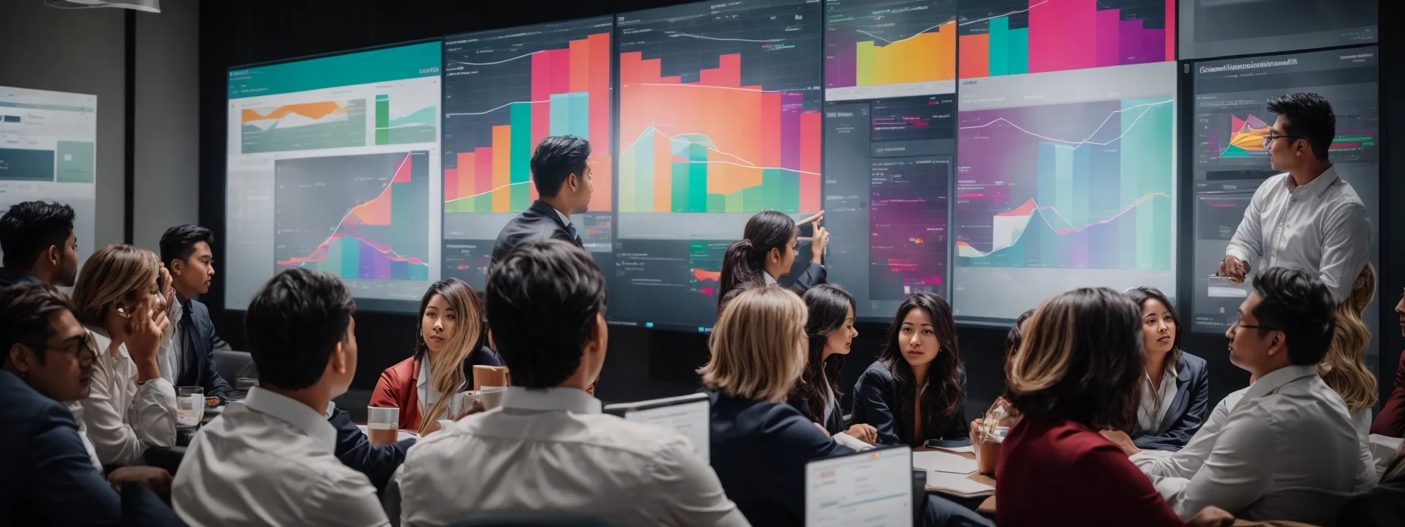 a vibrant brainstorming session with marketers around a digital screen displaying colorful graphs and campaign analytics.