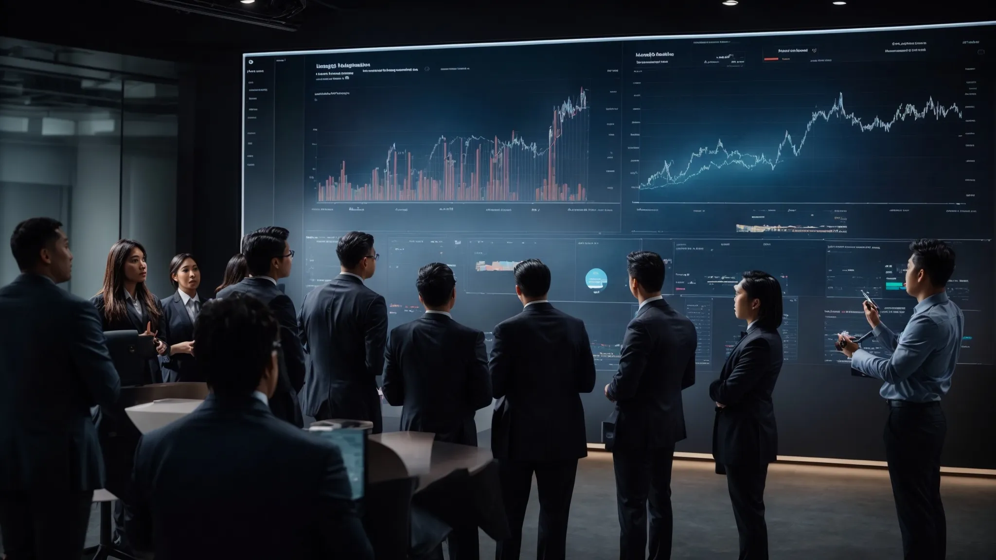 a group of marketing professionals gather around a large digital screen displaying rising analytics graphs and engaged in a focused discussion.