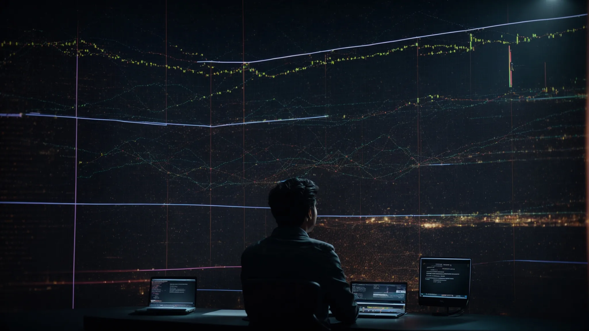 a person sitting at a computer analyzing a complex network graph on the screen, symbolizing the process of evaluating backlinks for disavowal.