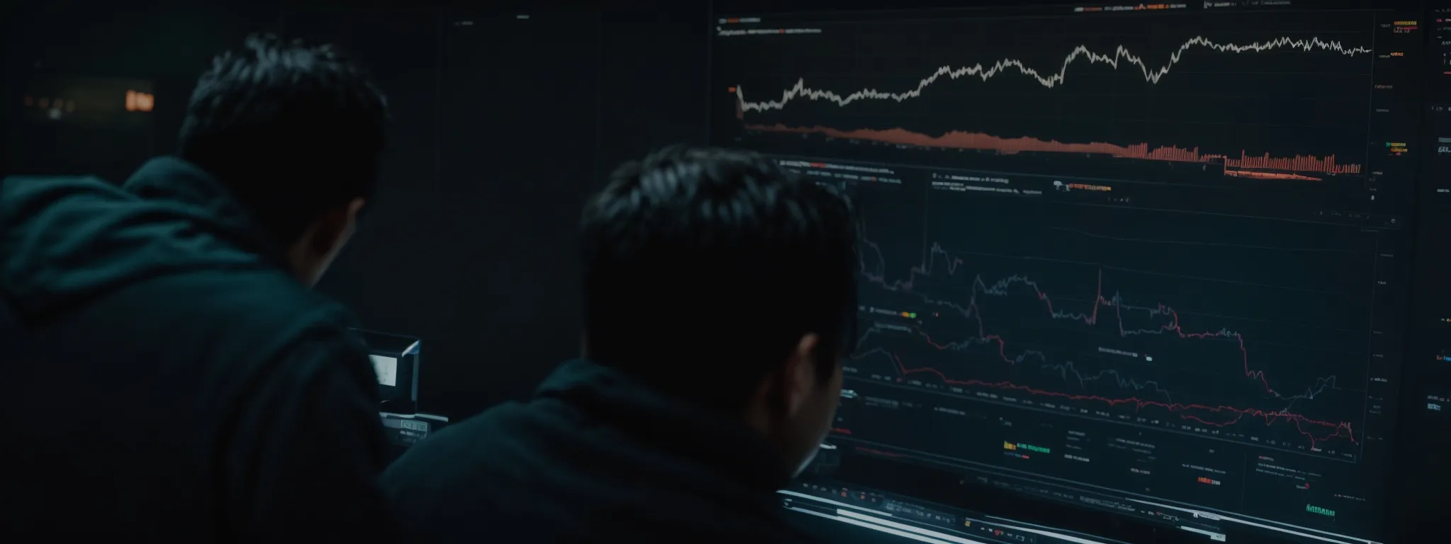 a web developer examines analytics on a dark-themed dashboard to gauge seo results.