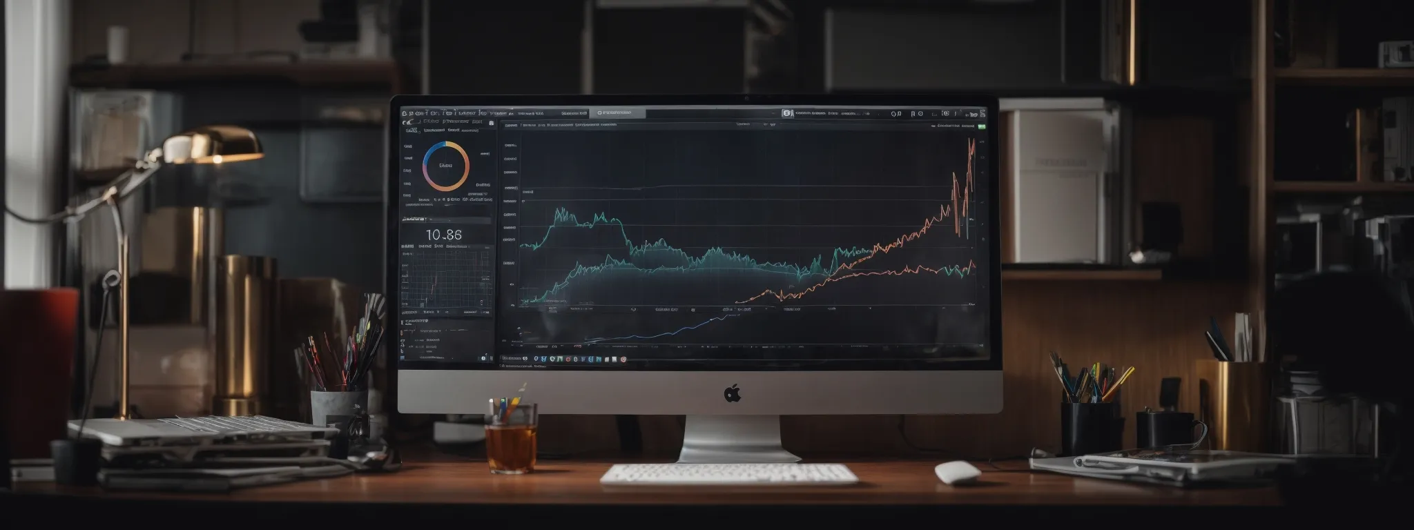a computer screen displaying a rising analytics graph amidst marketing icons signifies the growth impact of automated seo content strategies.