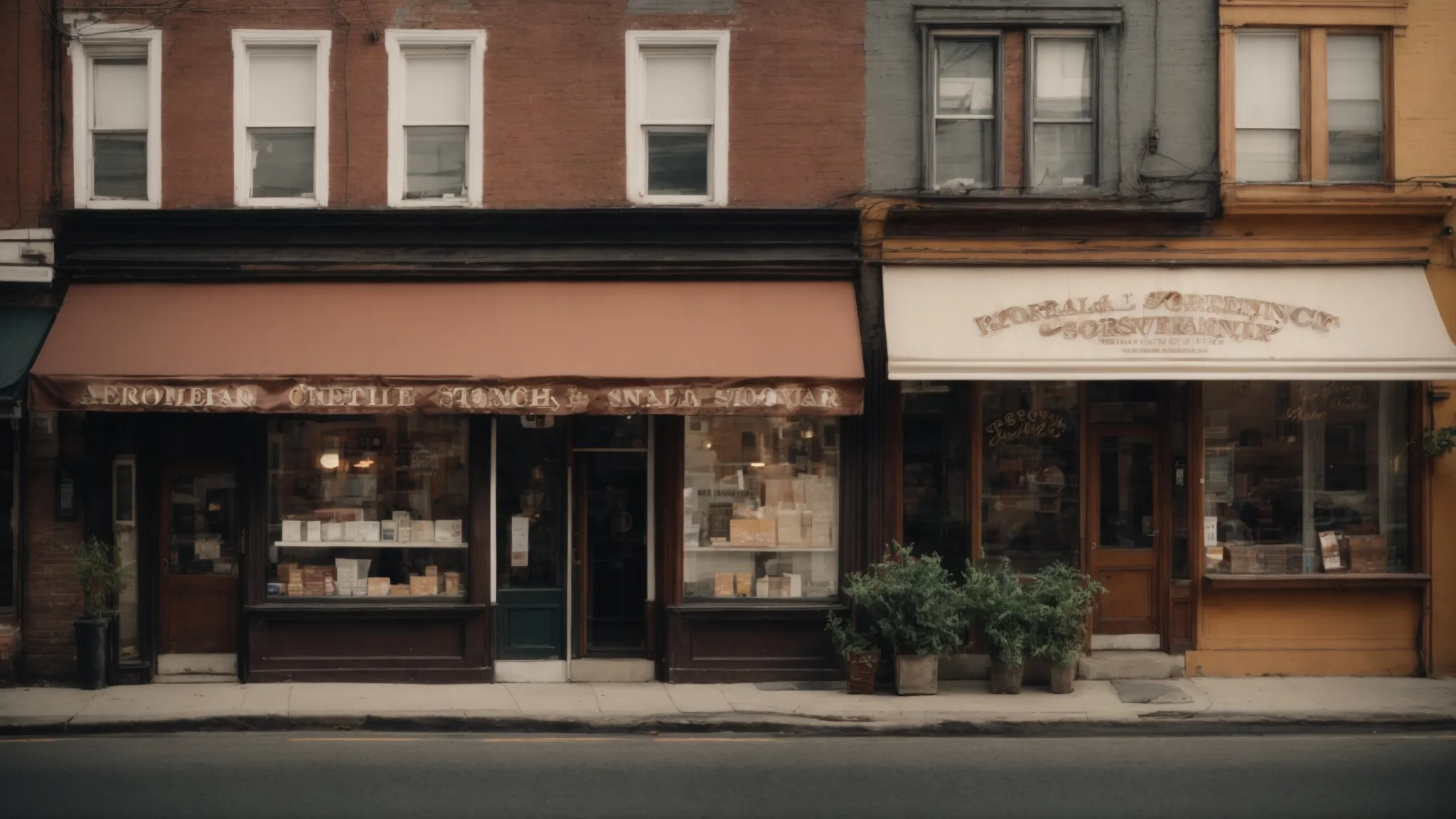 a row of different professional storefronts offering diverse services, such as a barbershop, a bakery, and a dry cleaner, line a bustling street.