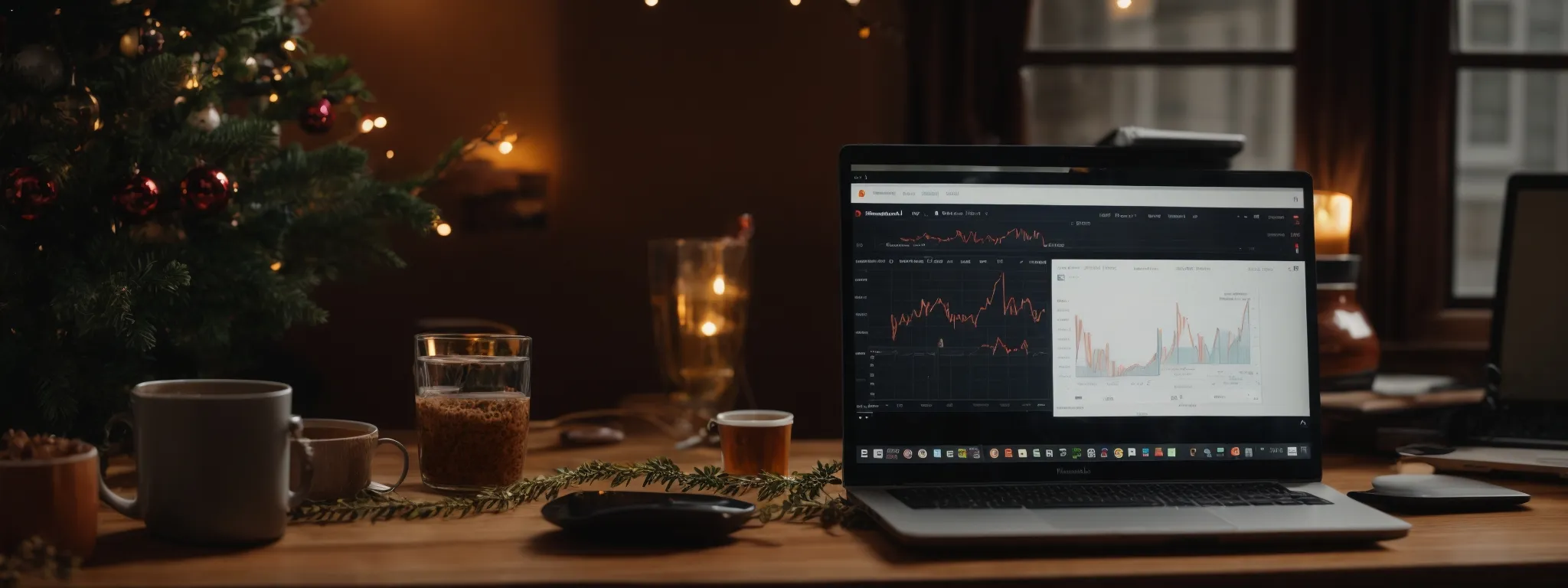 a laptop with graphs on the screen placed on a desk surrounded by seasonal decorations.