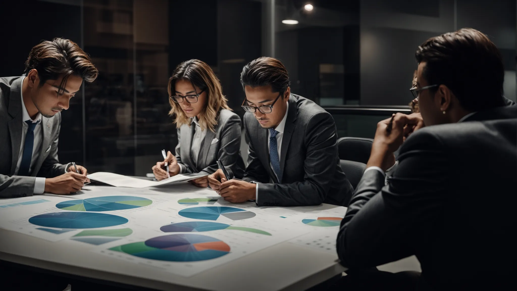 a strategic team intently reviews dynamic charts and graphs during a collaborative market analysis meeting.