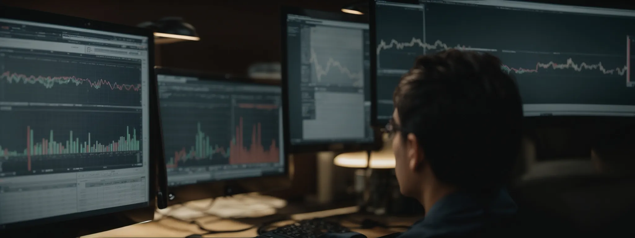 a professional is intently focusing on a digital marketing analytics dashboard on a computer screen.