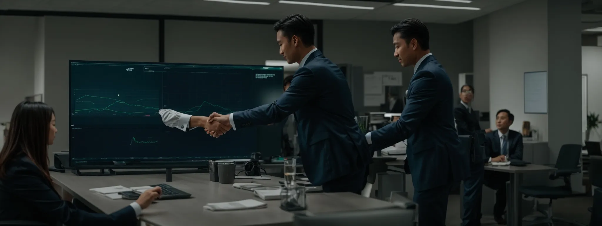 two corporate professionals shaking hands over a table with a digital screen displaying a growth graph in a bright office setting.