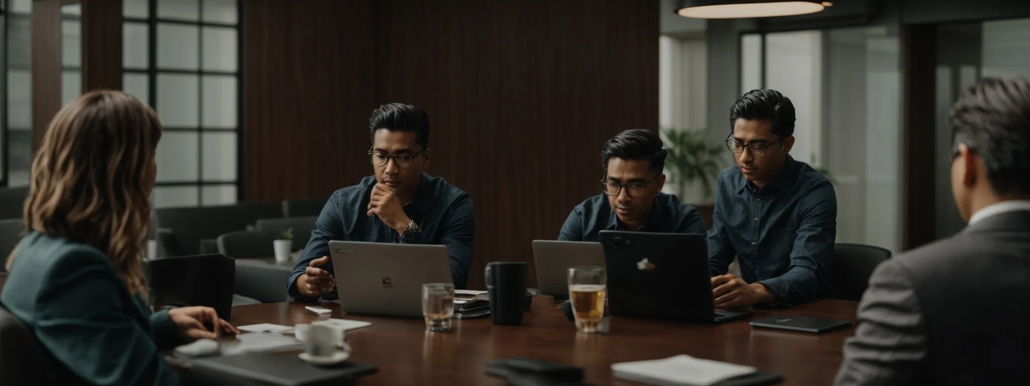 a group of professionals gathered around a conference table, actively engaging with multiple social media platforms on their devices.