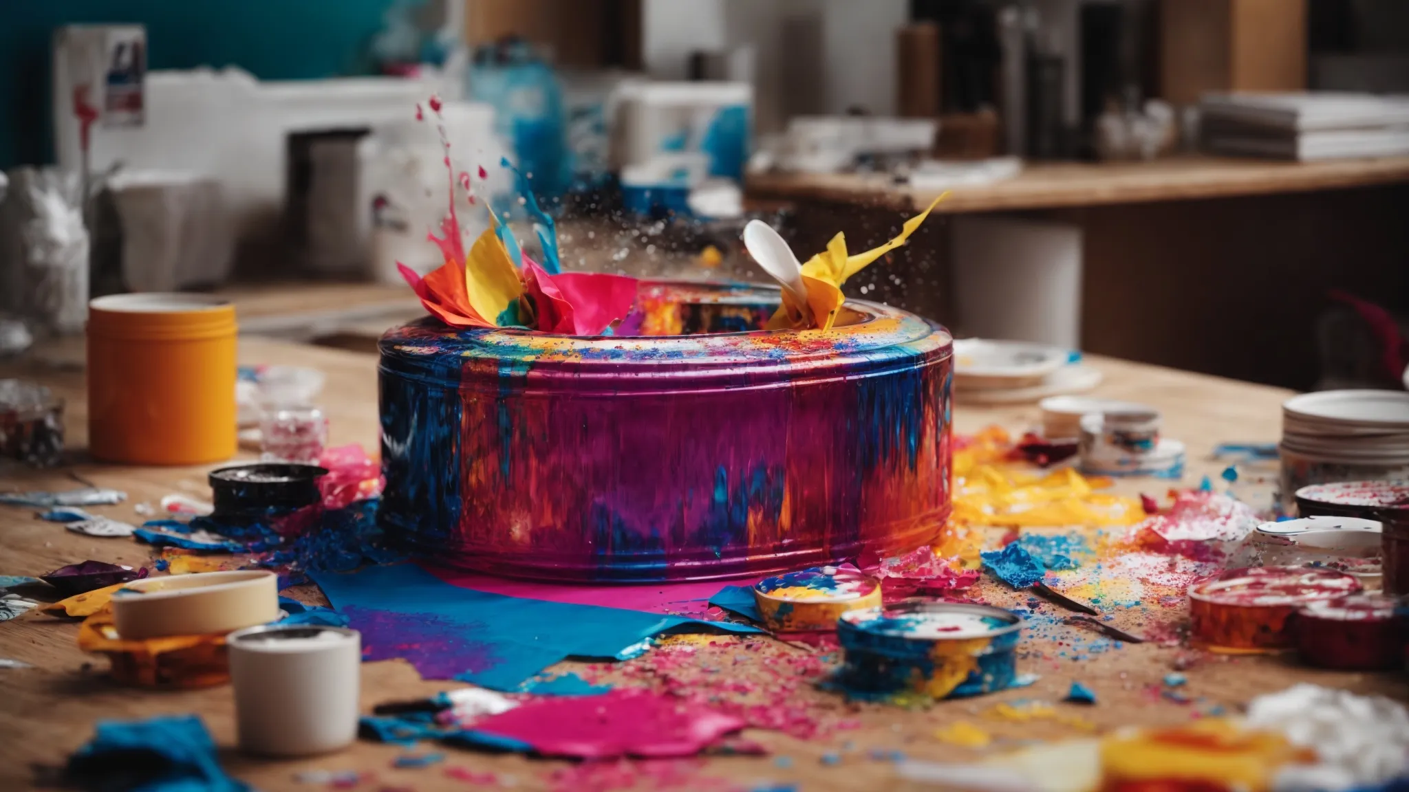 a burst of vibrant colors splashing from an open paint can amidst various marketing materials on a designer's table.