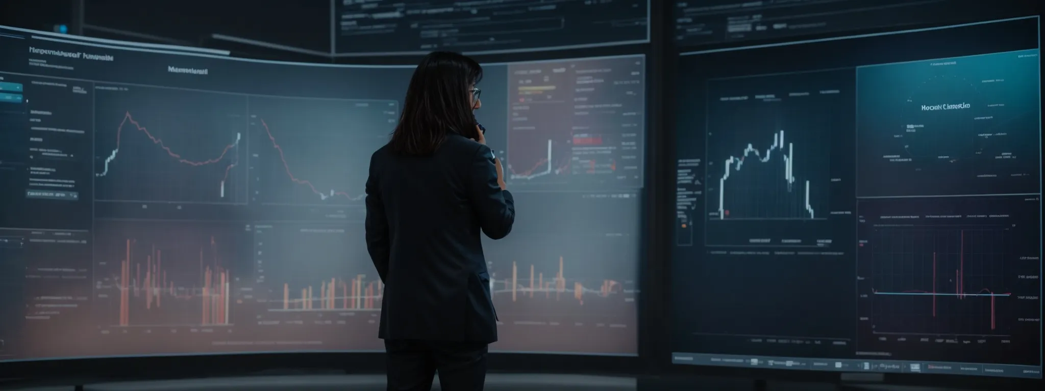 A person in a suit stands in front of large screens displaying various financial graphs and data charts in a dark room.