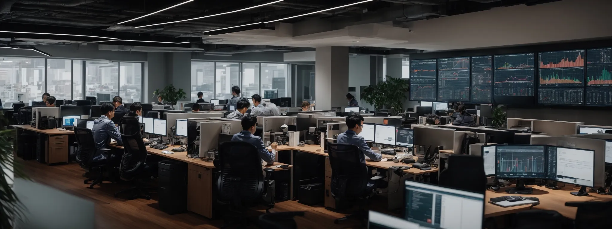 a bustling digital marketing office with large computer screens displaying graphs and analytics.