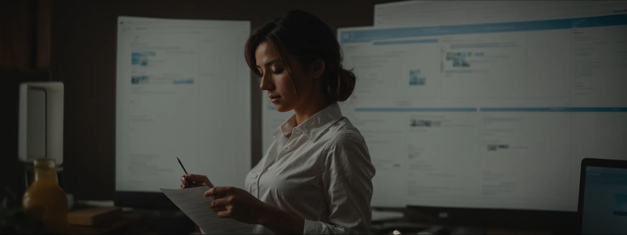a webmaster reviews a sitemap of her website, contemplating strategic placement of informative links.