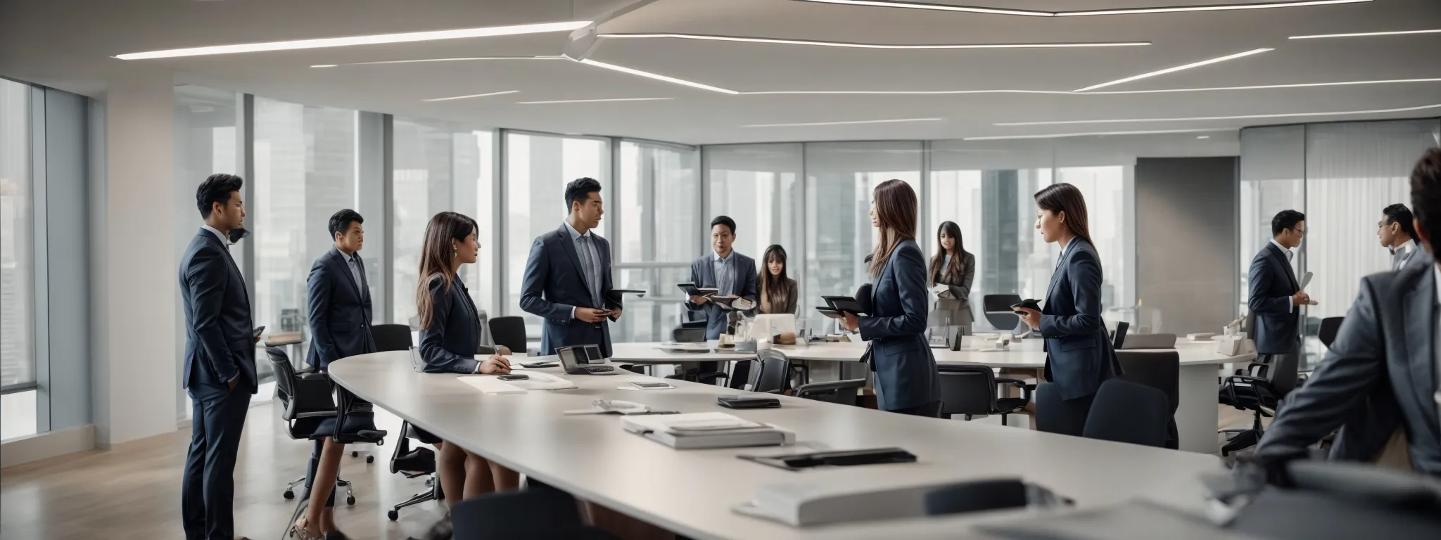 professionals gather around a modern conference table with high-tech devices, actively discussing strategies for service enhancement in a sleek, well-lit office space.