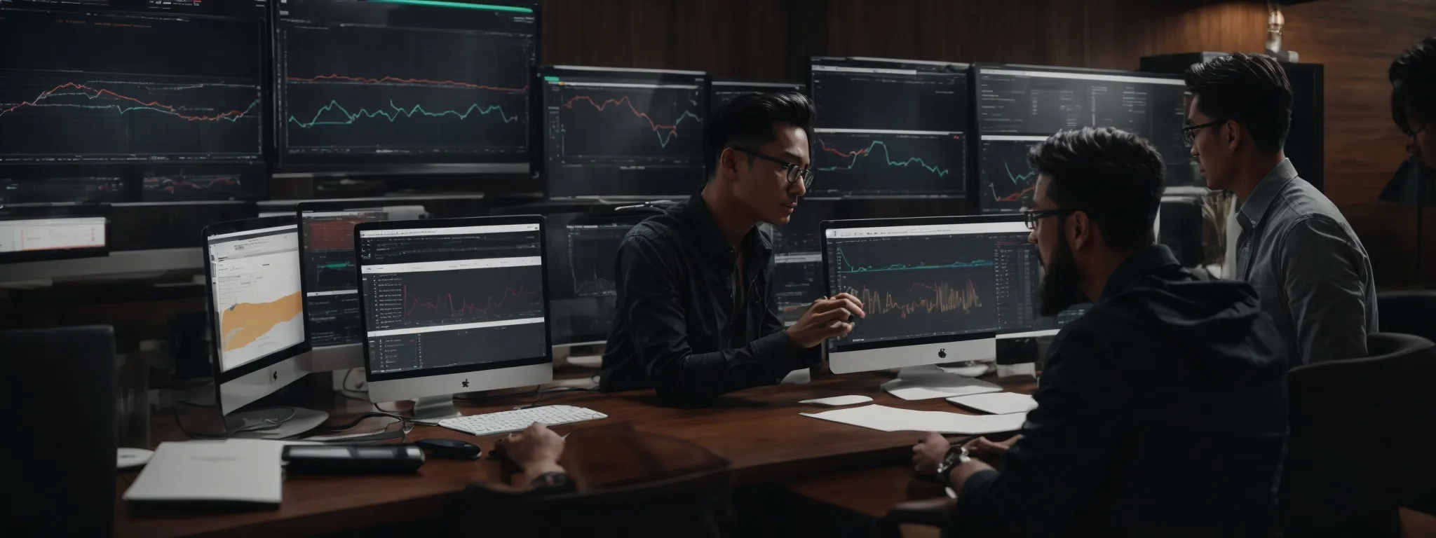 a digital marketing team is reviewing a dashboard on a computer screen that displays website traffic analytics and seo performance graphs.