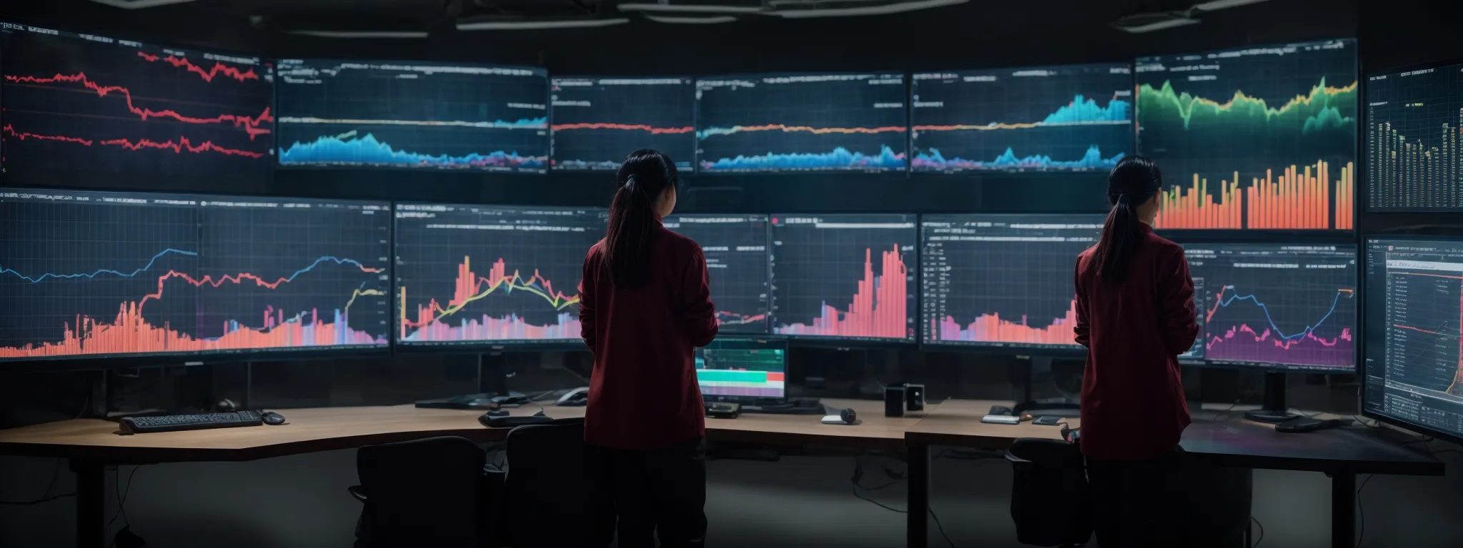 a marketer stands before multiple screens displaying various colorful graphs and charts, reflecting omnichannel data.