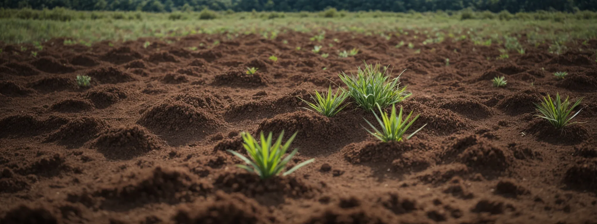 a serene landscape with small plants growing steadily in fertile soil, symbolizing the gradual and organic growth of seo strategies.