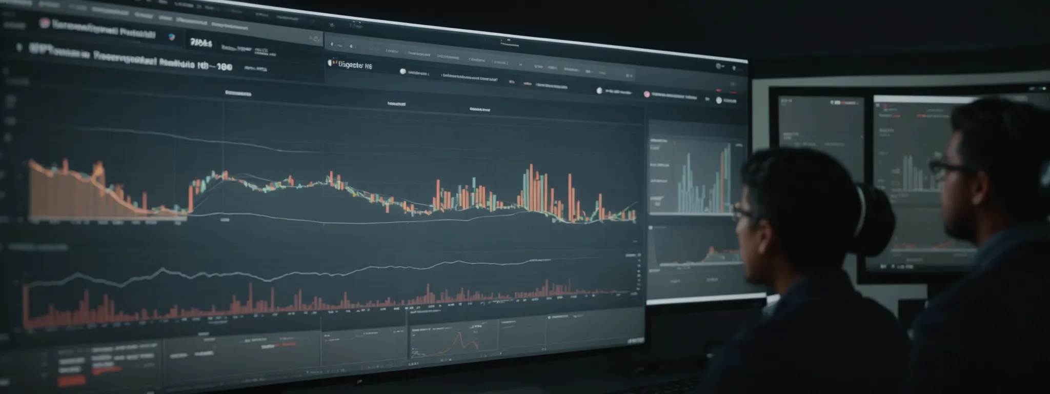 a marketing team reviews graphs on a large screen showing podcast traffic generated by influencer partnerships.