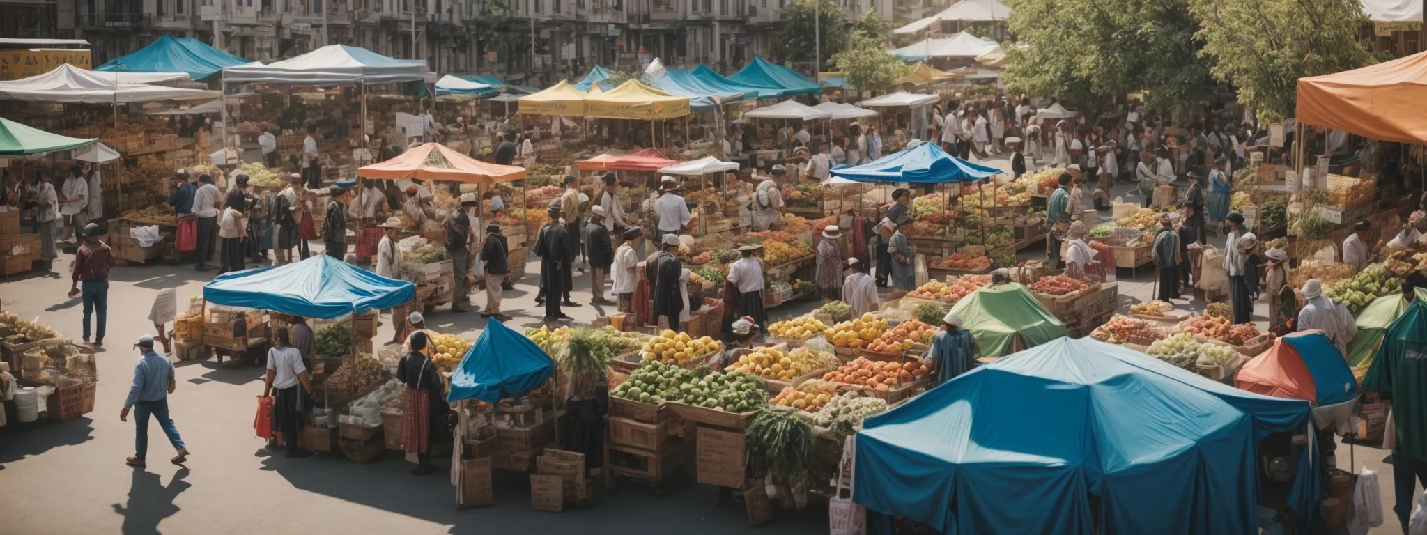 Busy outdoor farmers market with colorful canopy tents and an abundance of fresh fruits and vegetables, bustling with shoppers and vendors.