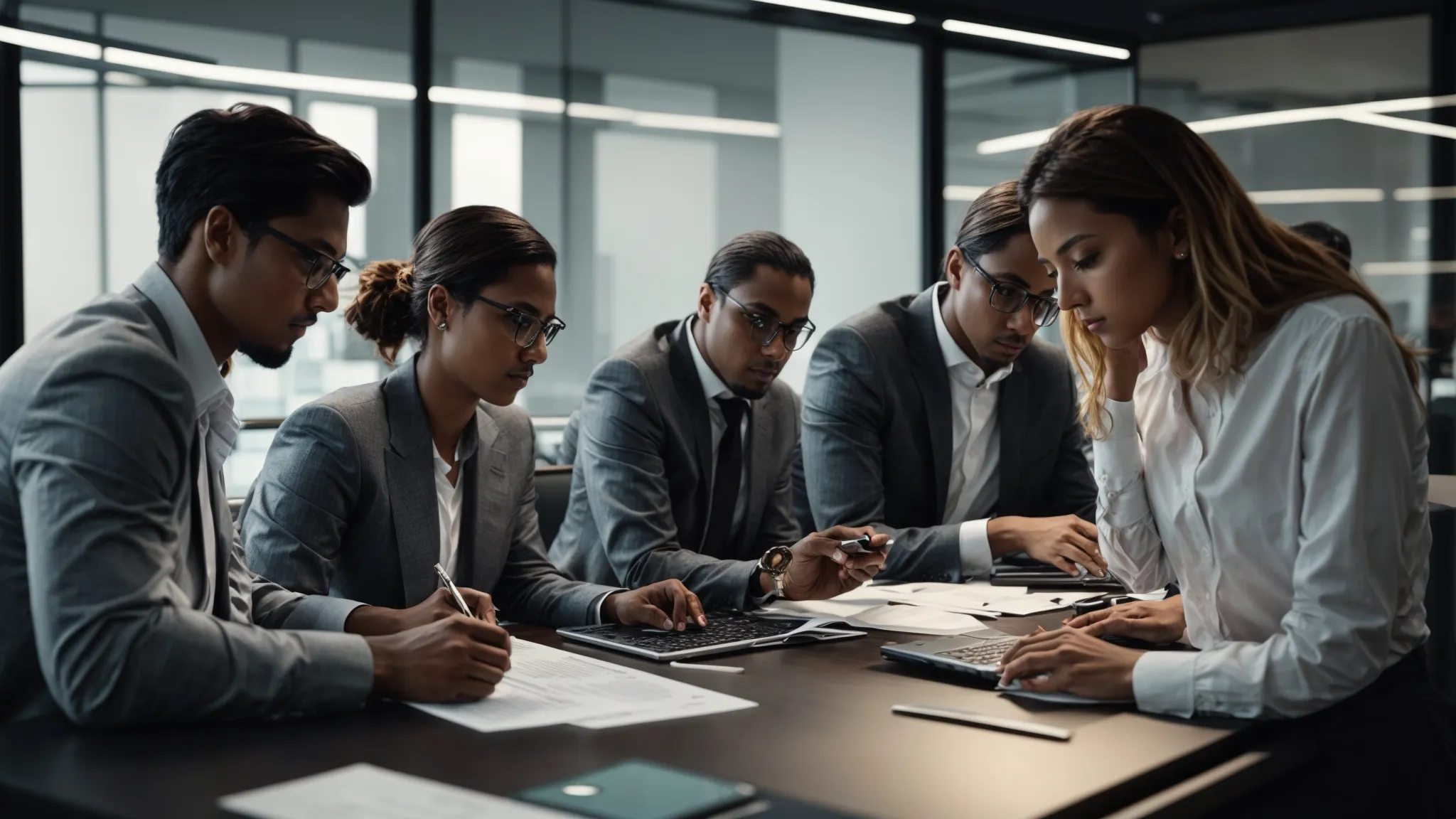 a group of professionals analyzing graphs and metrics on a computer dashboard in a modern office setting.