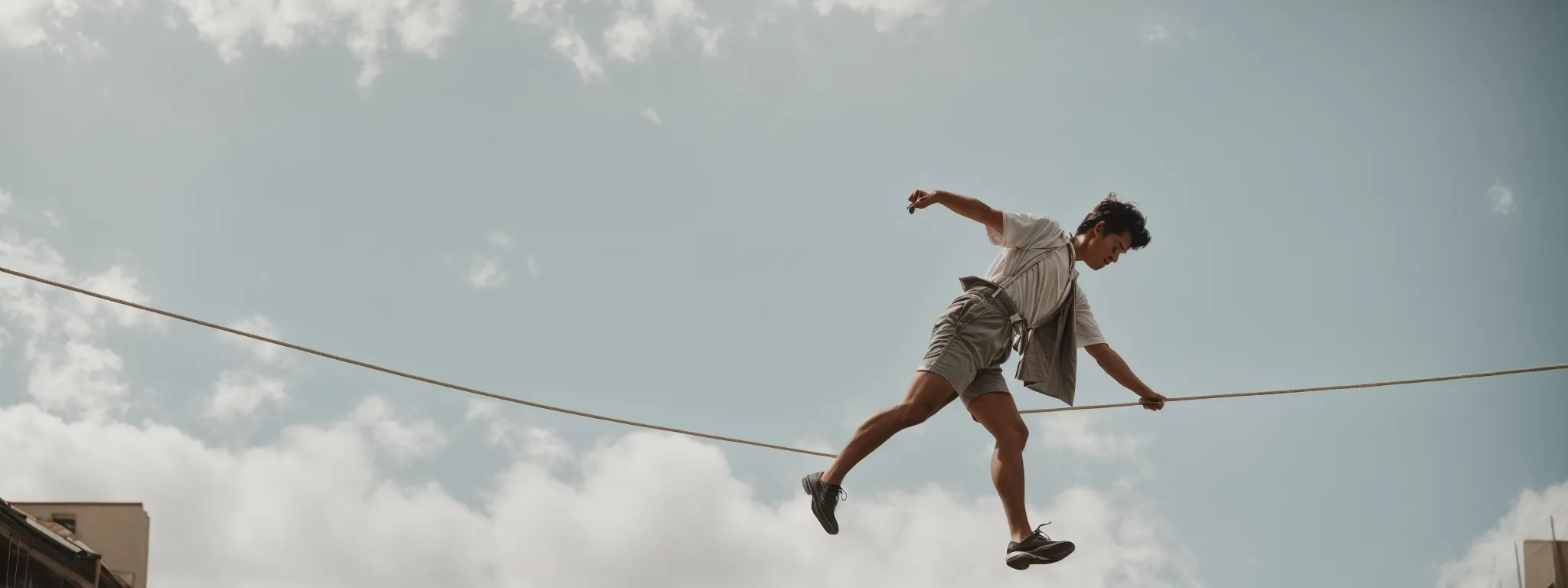 a tightrope walker carefully traverses a narrow rope, symbolizing the delicate balance between aspiration and market realities.