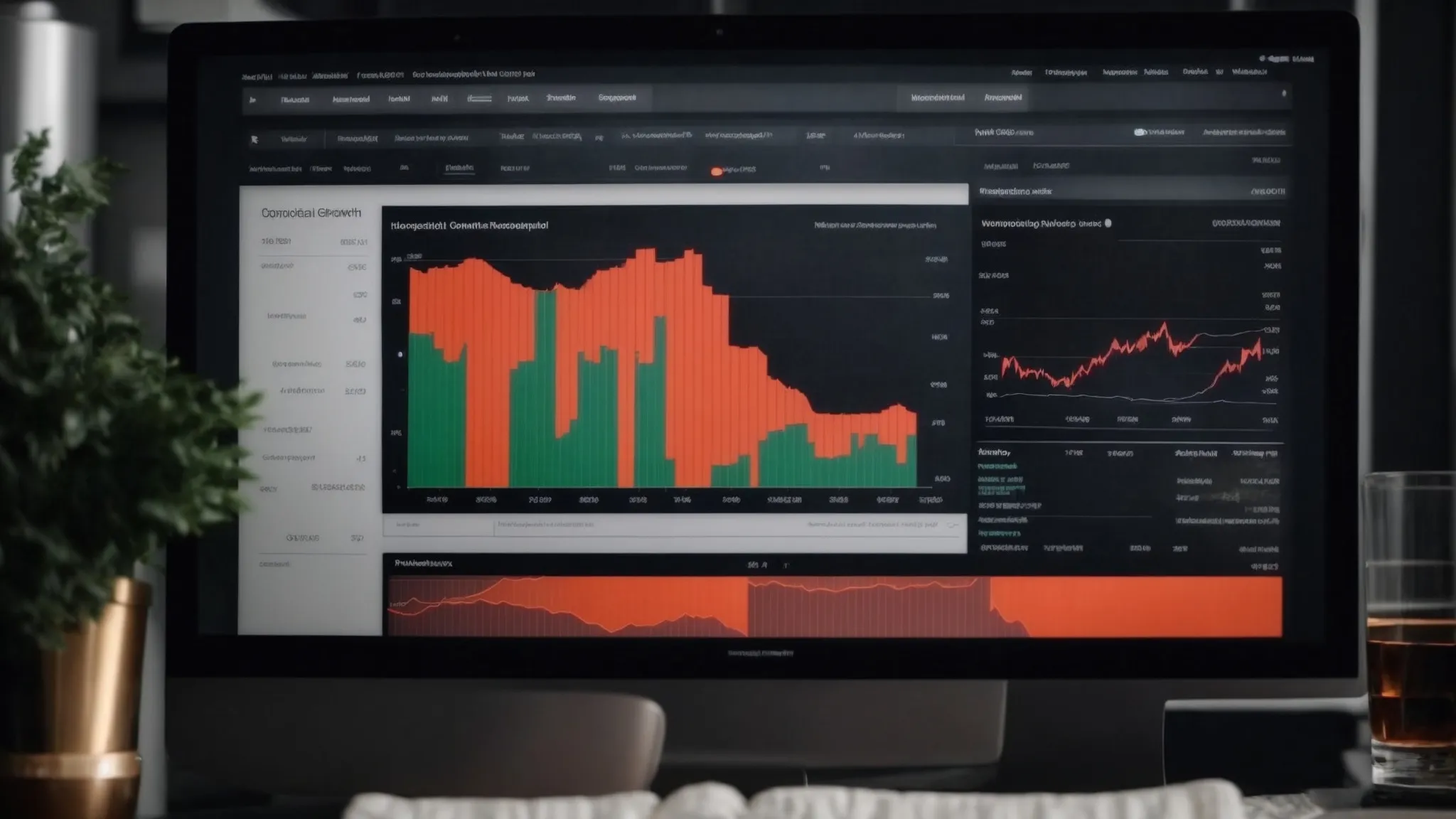 two computer screens displaying contrasting graphs, one representing organic traffic growth, and the other showing paid ad campaigns.