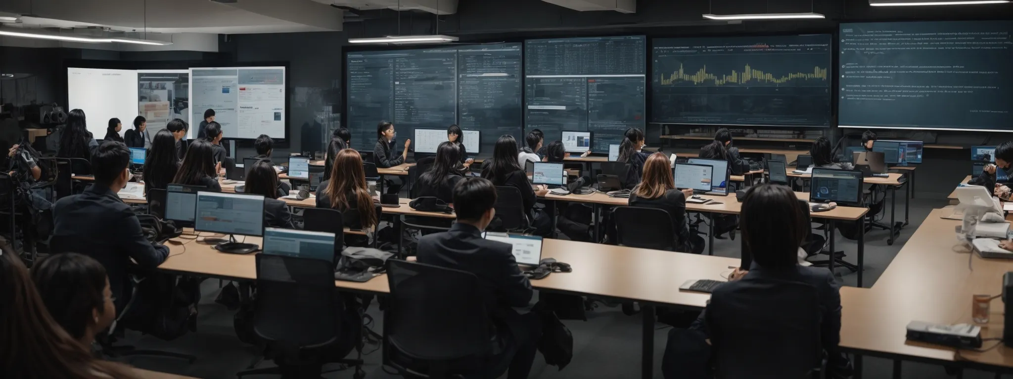  a group of students collaboratively working on a digital marketing strategy in a modern classroom, with a diverse array of screens displaying analytical data and creative content.