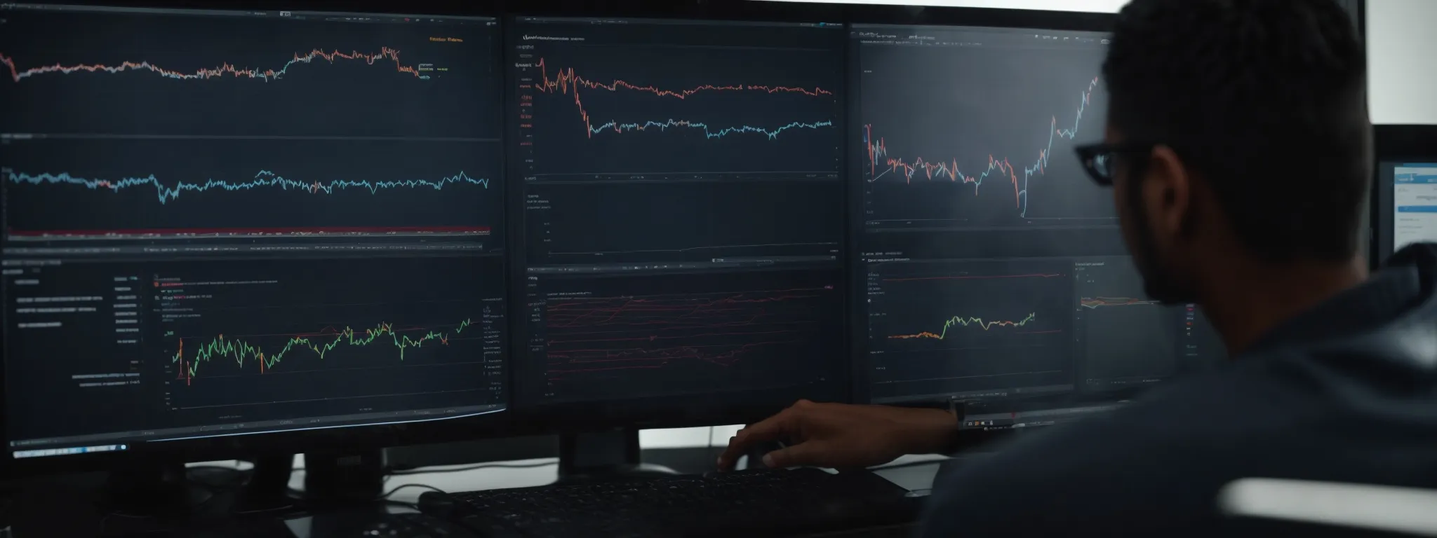 a person analyzing complex graphs and charts on a computer screen depicting website traffic and performance data.