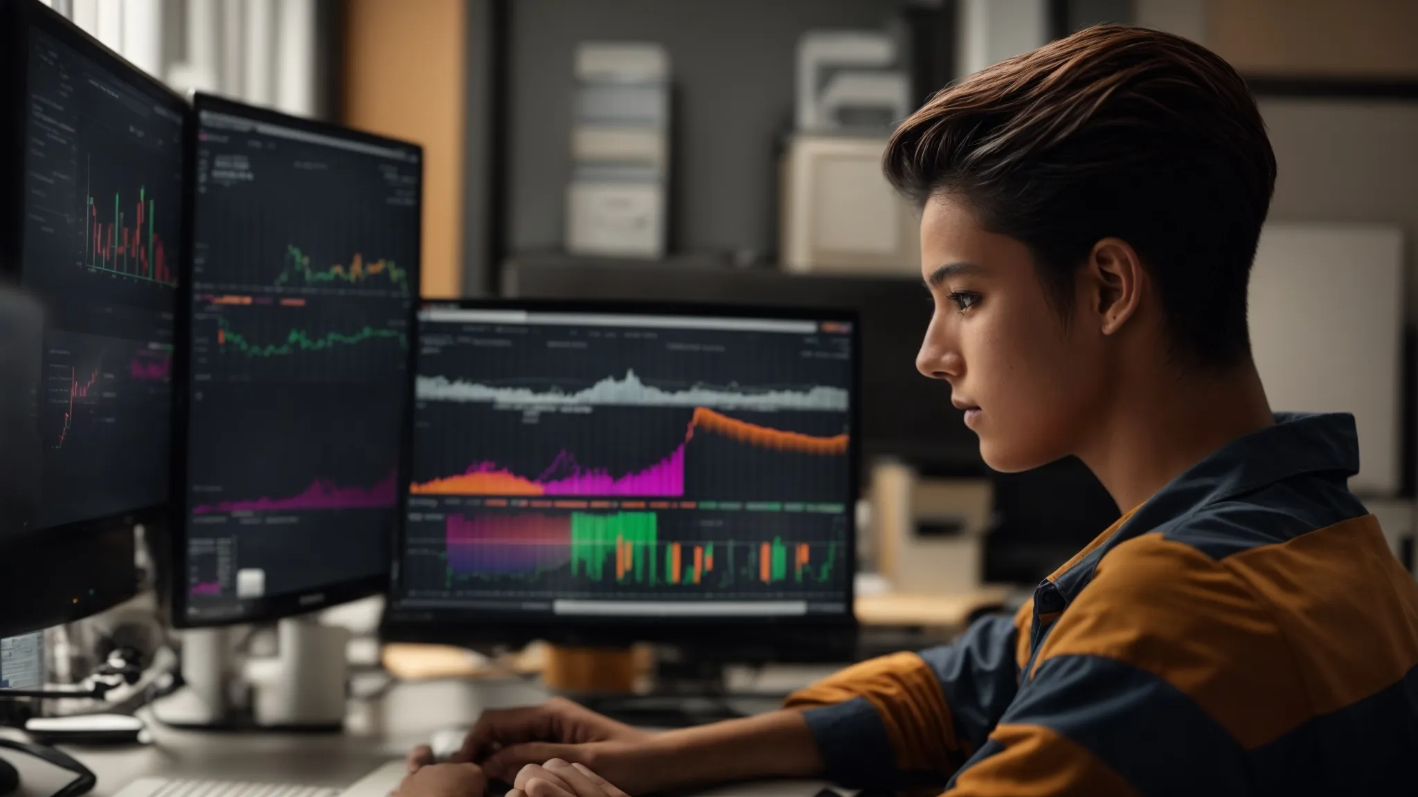 a student sits at a desk with a computer displaying colorful graphs and marketing analytics on the screen.